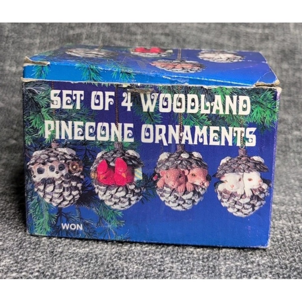 Vtg Woodland Pinecone Ornaments with Animals 2" Country Christmas Set of 4